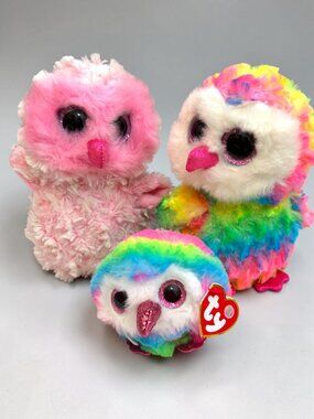 TY Beanie Boo Set of 3 Owls, Owen & Twiggy 6" & 4" TY Puffies Owen
